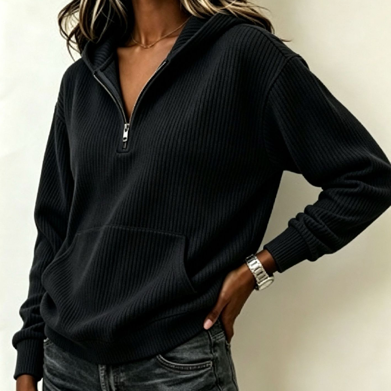 Women's Casual Ribbed Knit Half-Zip Hoodie
