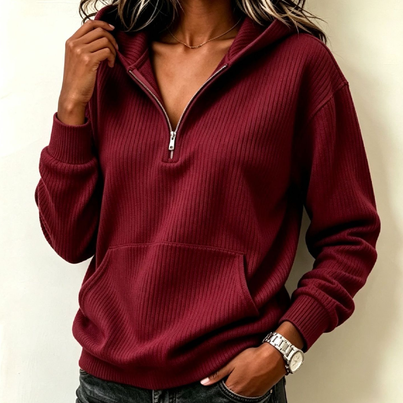Women's Casual Ribbed Knit Half-Zip Hoodie