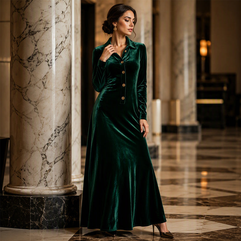 Women's Vintage Button-Front Velvet A-Line Dress