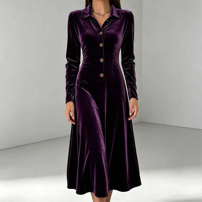 Women's Vintage Button-Front Velvet A-Line Dress