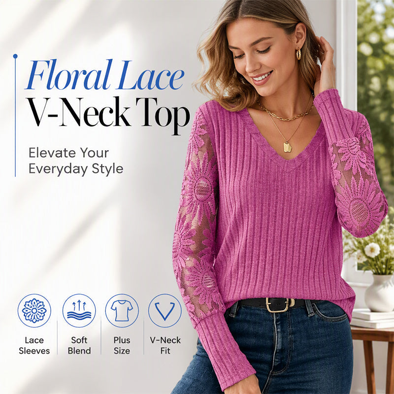 Women's Brushed Ribbed Long Sleeve Lace Patchwork Top