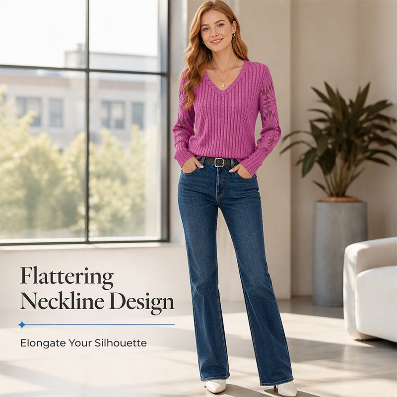 Women's Brushed Ribbed Long Sleeve Lace Patchwork Top