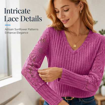 Women's Brushed Ribbed Long Sleeve Lace Patchwork Top