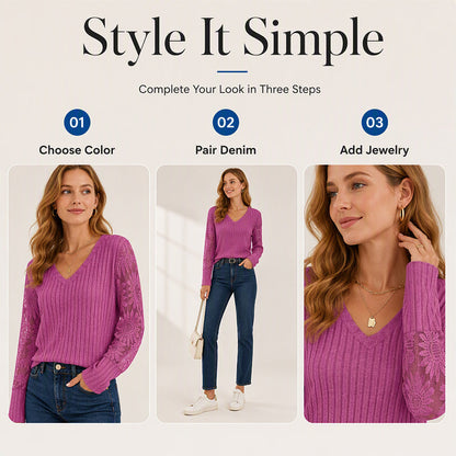 Women's Brushed Ribbed Long Sleeve Lace Patchwork Top
