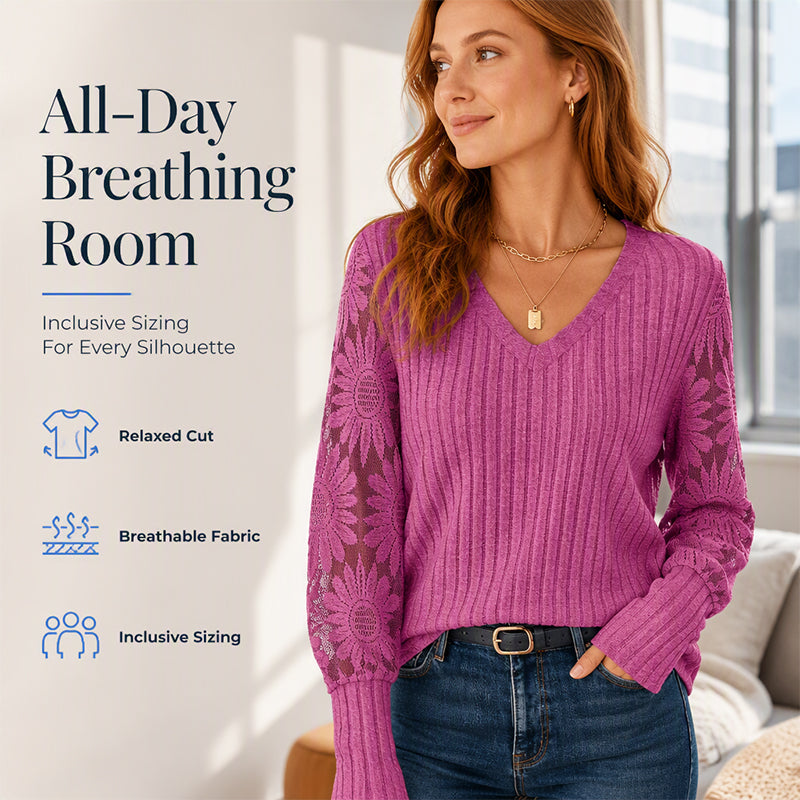 Women's Brushed Ribbed Long Sleeve Lace Patchwork Top