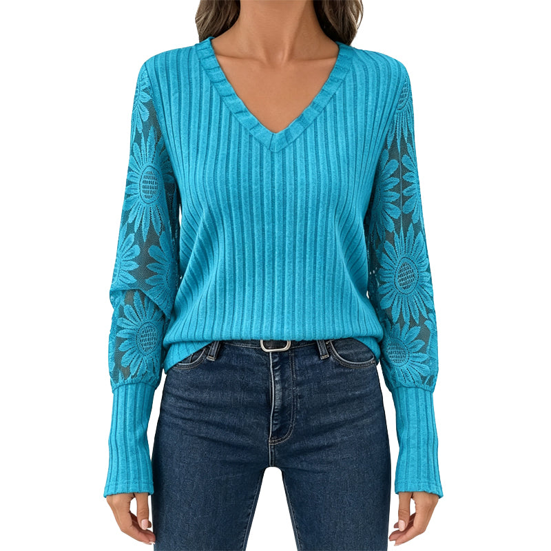 Women's Brushed Ribbed Long Sleeve Lace Patchwork Top