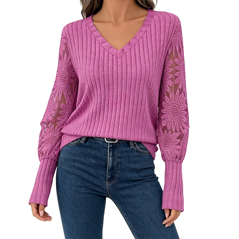 Women's Brushed Ribbed Long Sleeve Lace Patchwork Top