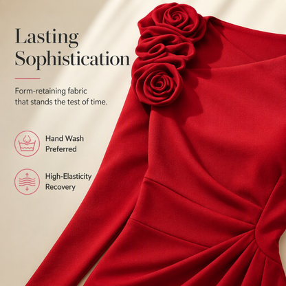 Women's Ruched Midi Dress with 3D Rose Details