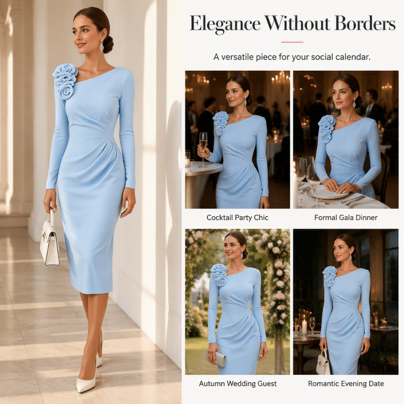 Women's Ruched Midi Dress with 3D Rose Details