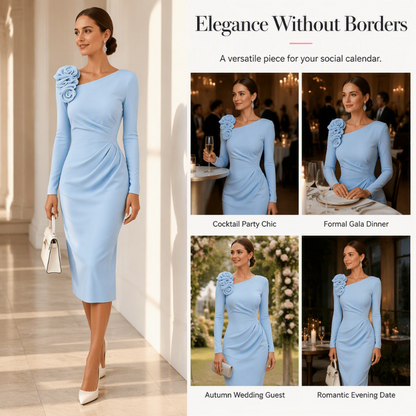 Women's Ruched Midi Dress with 3D Rose Details