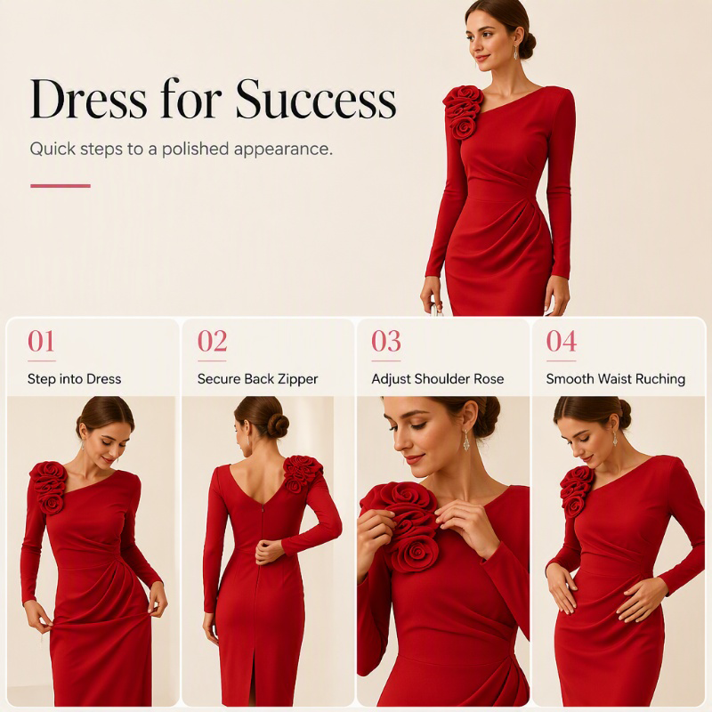 Women's Ruched Midi Dress with 3D Rose Details