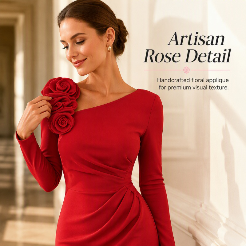 Women's Ruched Midi Dress with 3D Rose Details