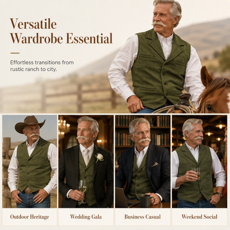 Men's Vintage Lapel Herringbone Tweed Vest