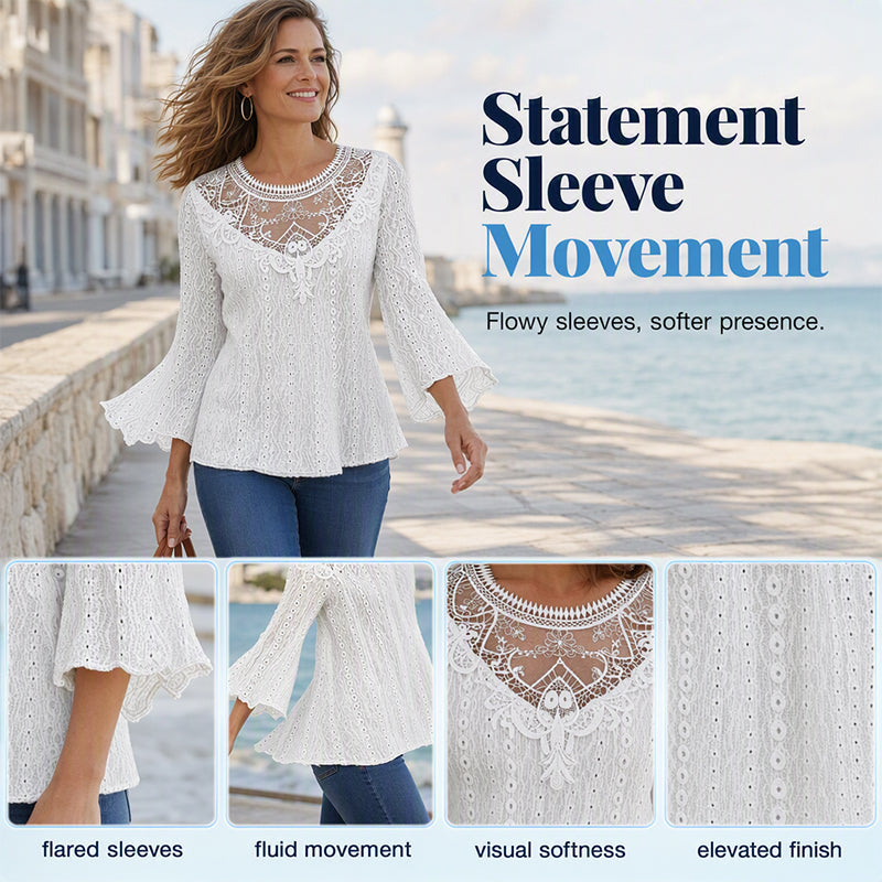 Women's Casual Hollow-Out Lace Patchwork 3/4 Sleeve Blouse Top