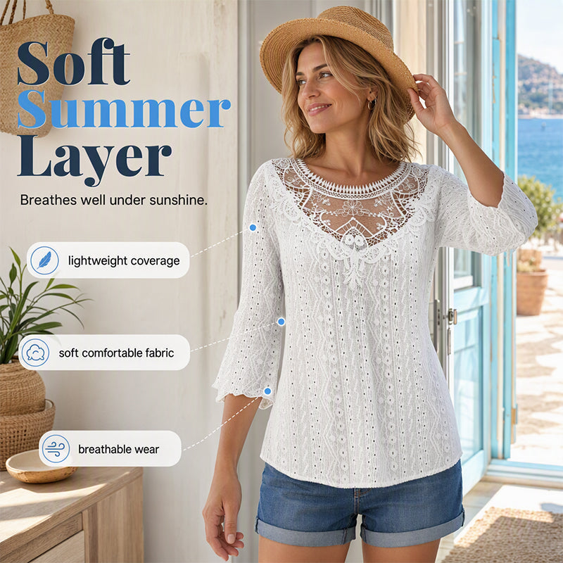 Women's Casual Hollow-Out Lace Patchwork 3/4 Sleeve Blouse Top
