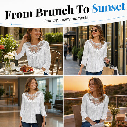 Women's Casual Hollow-Out Lace Patchwork 3/4 Sleeve Blouse Top