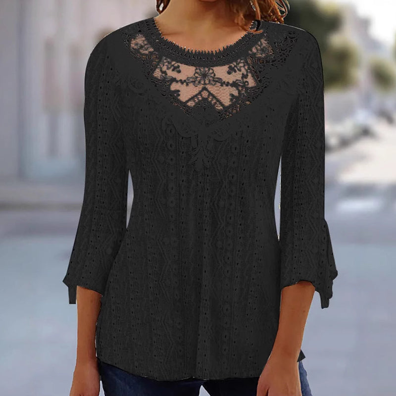 Women's Casual Hollow-Out Lace Patchwork 3/4 Sleeve Blouse Top