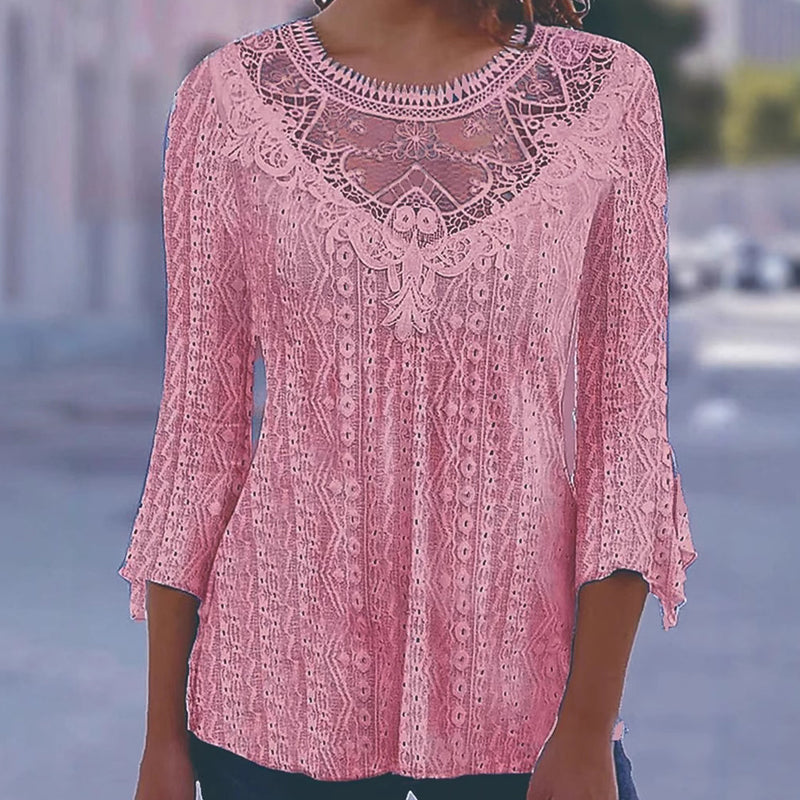 Women's Casual Hollow-Out Lace Patchwork 3/4 Sleeve Blouse Top