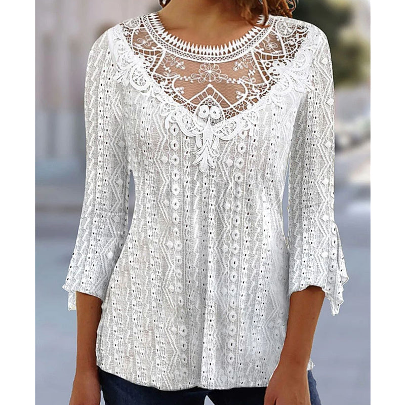 Women's Casual Hollow-Out Lace Patchwork 3/4 Sleeve Blouse Top