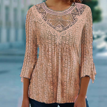 Women's Casual Hollow-Out Lace Patchwork 3/4 Sleeve Blouse Top