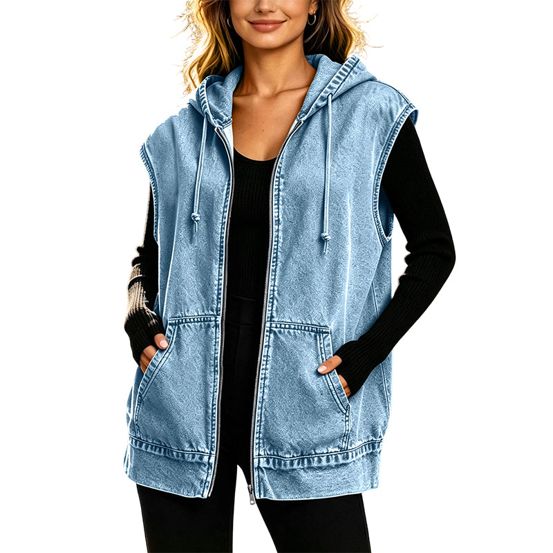 Women's Casual Denim Hooded Vest Jacket