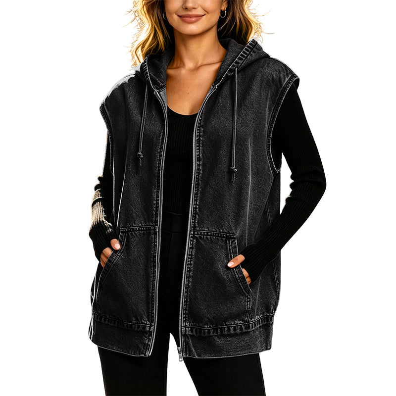 Women's Casual Denim Hooded Vest Jacket