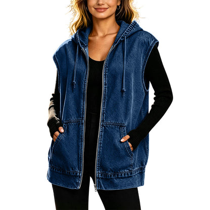 Women's Casual Denim Hooded Vest Jacket