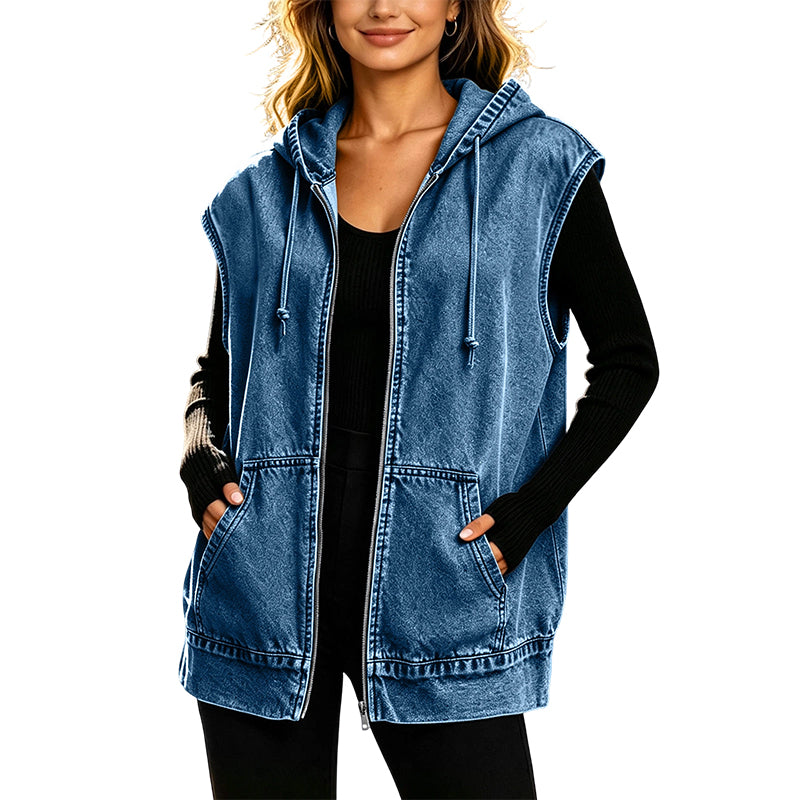 Women's Casual Denim Hooded Vest Jacket