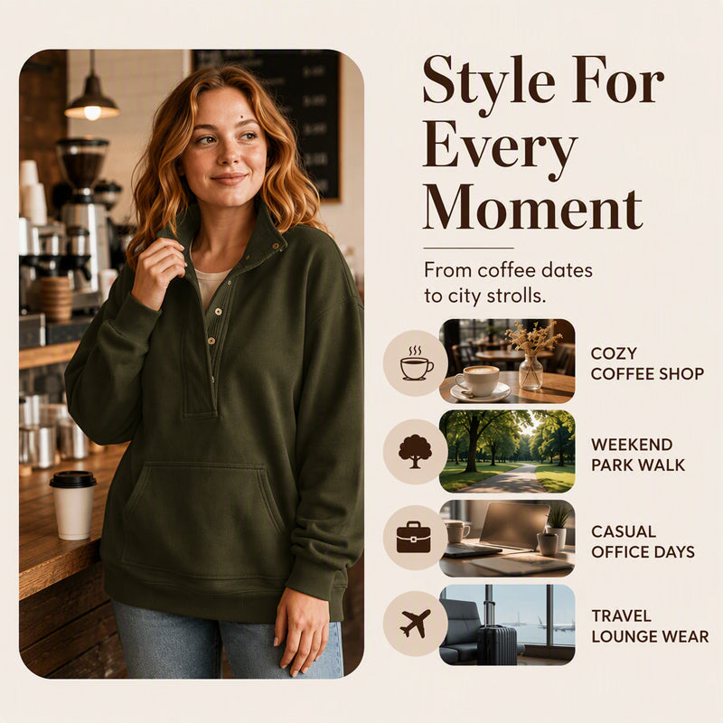 Women's Loose Snap Button Pullover Sweatshirt