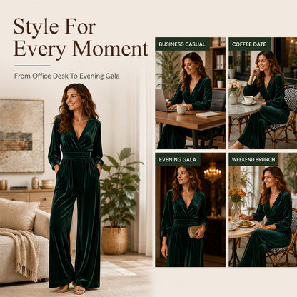 Women's Elegant V-Neck Velvet Jumpsuit