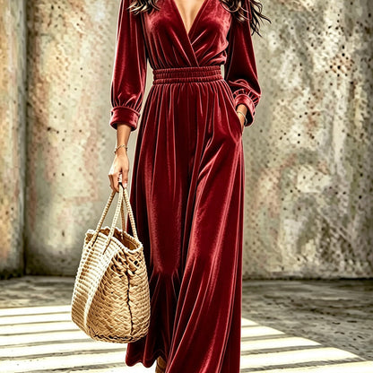 Women's Elegant V-Neck Velvet Jumpsuit