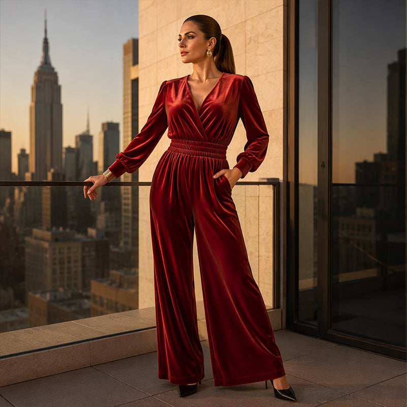 Women's Elegant V-Neck Velvet Jumpsuit
