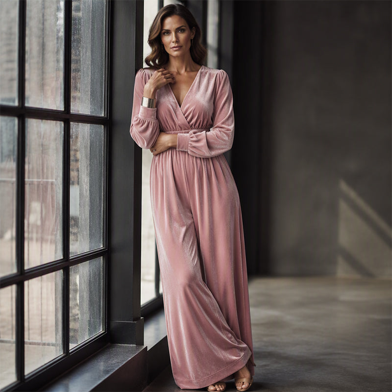 Women's Elegant V-Neck Velvet Jumpsuit