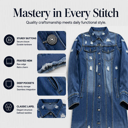 Women's Distressed Ripped Long Denim Jacket