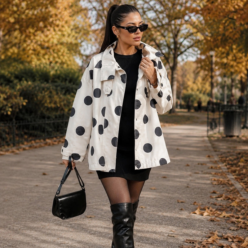 Women Retro Polka Dot Flared Jacket High Neck Raglan Sleeve Top