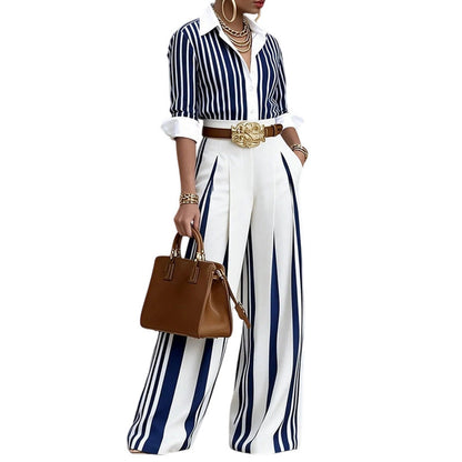 Women’s Casual Striped Shirt & Wide Leg Pants