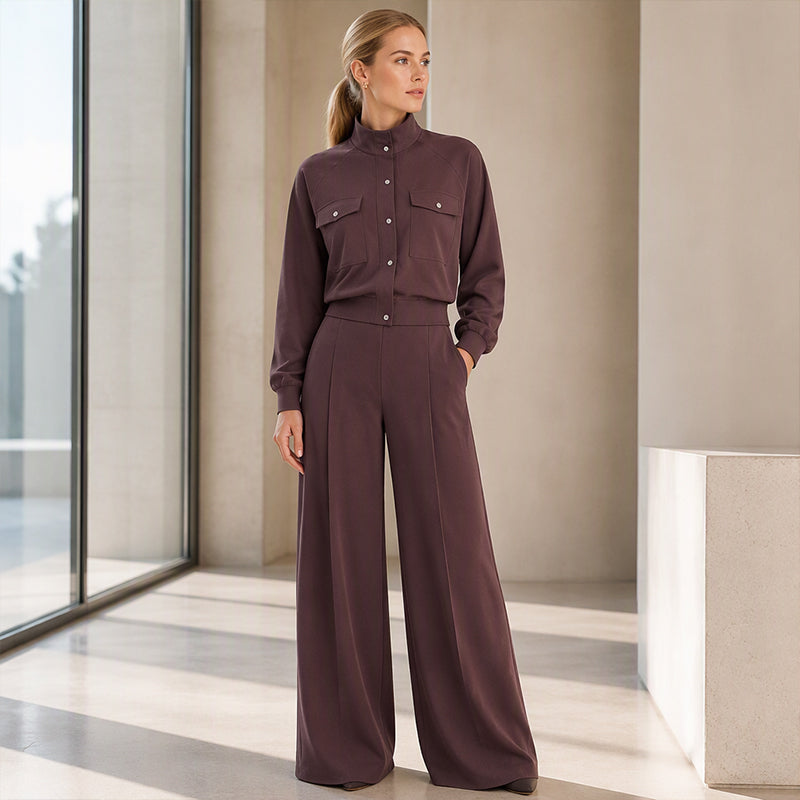 Women's Stylish Jacket & Wide Leg Pants 2-Piece Set