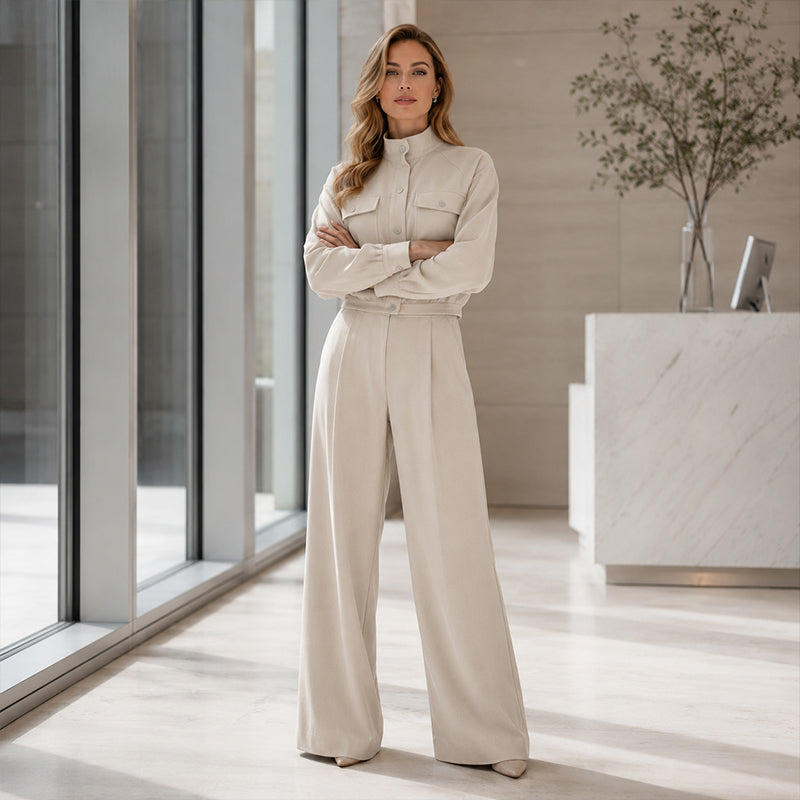 Women's Stylish Jacket & Wide Leg Pants 2-Piece Set