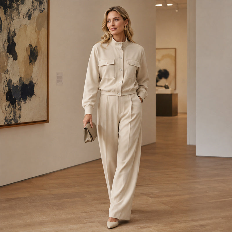 Women's Stylish Jacket & Wide Leg Pants 2-Piece Set
