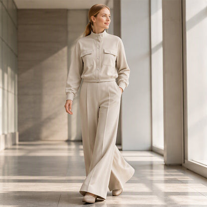 Women's Stylish Jacket & Wide Leg Pants 2-Piece Set