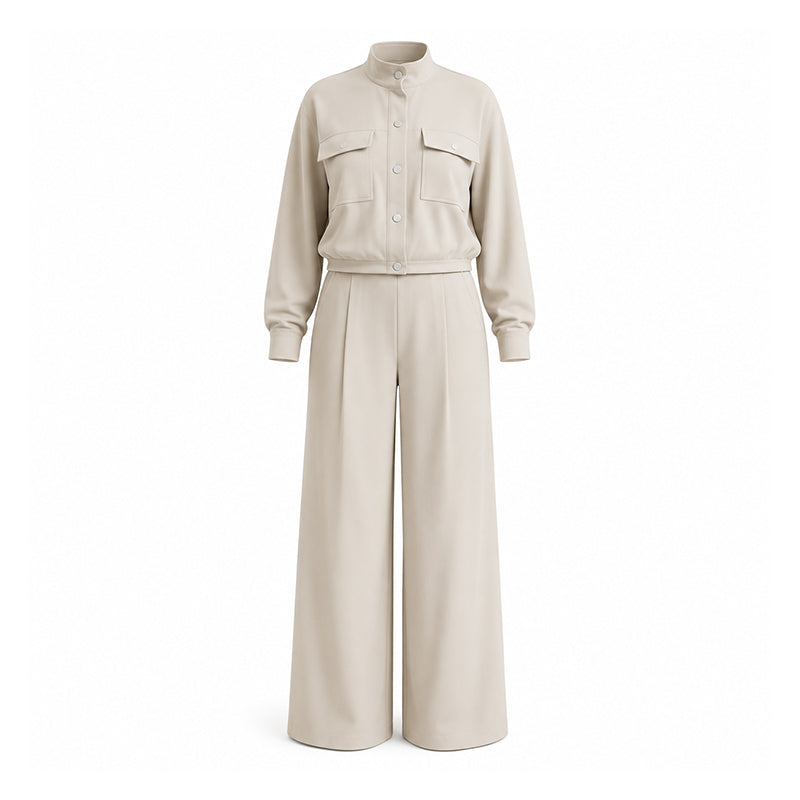 Women's Stylish Jacket & Wide Leg Pants 2-Piece Set