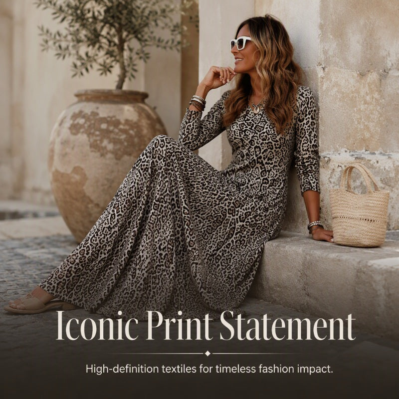 Women's Casual Leopard Print Long Sleeve Maxi Dress