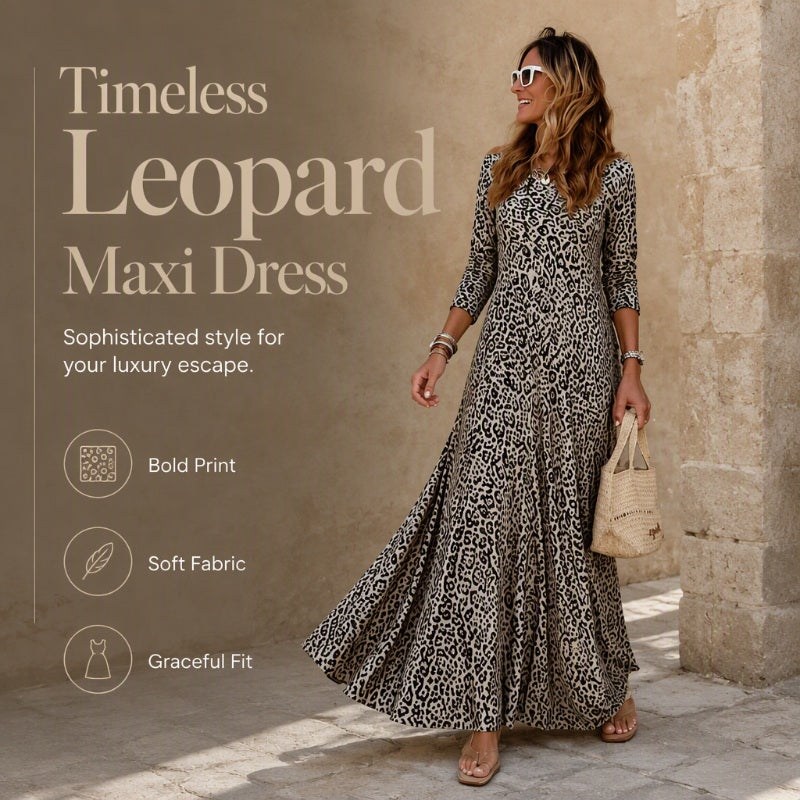 Women's Casual Leopard Print Long Sleeve Maxi Dress