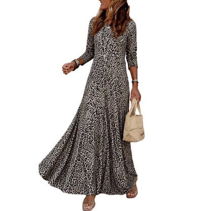 Women's Casual Leopard Print Long Sleeve Maxi Dress