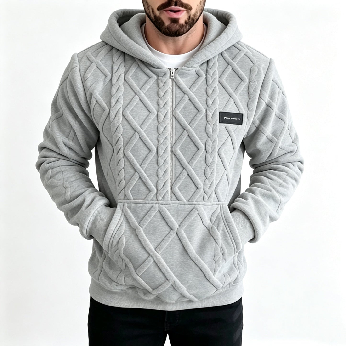 Men's Plush Diamond Cable Knit Textured Hoodie