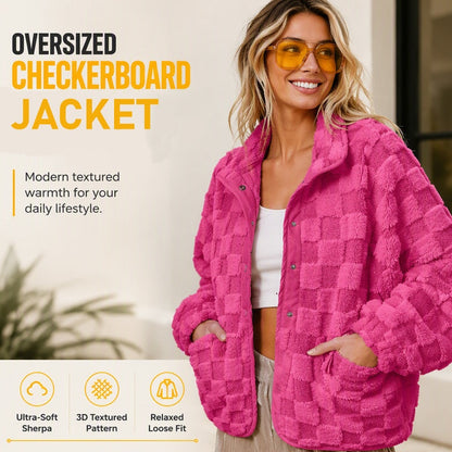 Women's Checkerboard Snap Button Plush Jacket