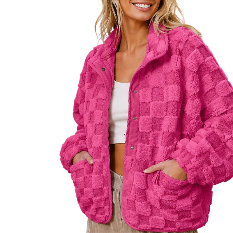 Women's Checkerboard Snap Button Plush Jacket
