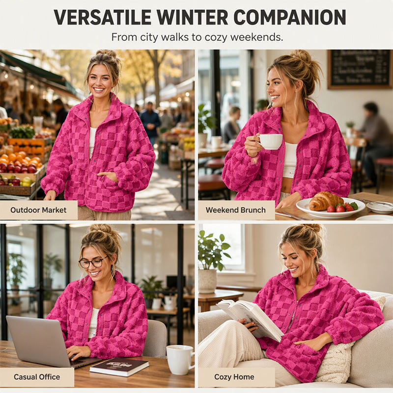 Women's Checkerboard Snap Button Plush Jacket