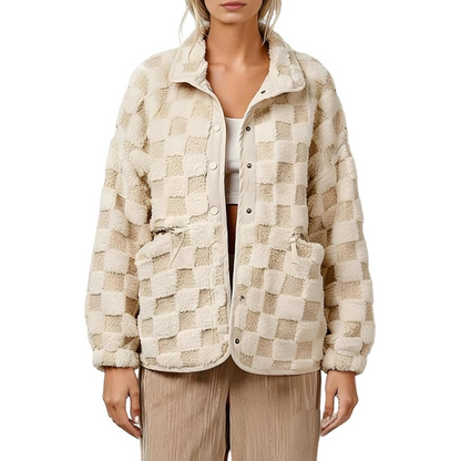 Women's Checkerboard Snap Button Plush Jacket