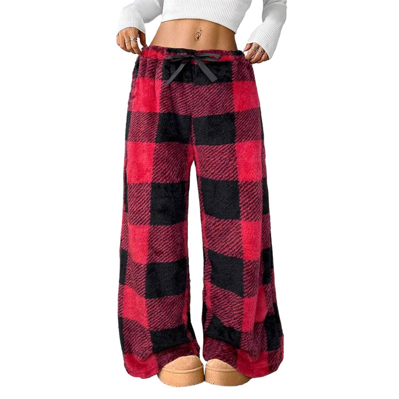 Women's Plush Plaid Wide-Leg Pants